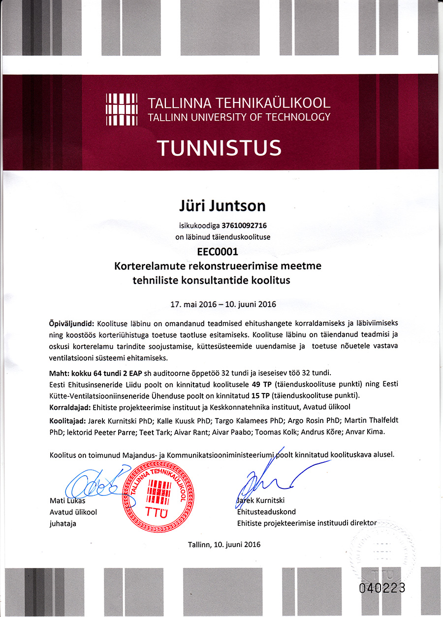 KredEx'i poolt akrediteeritud Korterelamute rekonstrueerimise tehniline konsultant